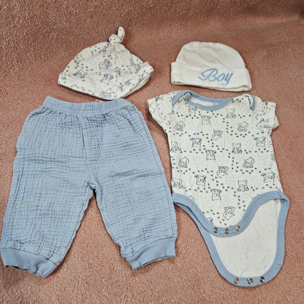 Le Top Bebe Baby Outfit Set Size 0-3M Blue Bear Print Cotton 4-Piece Bundle